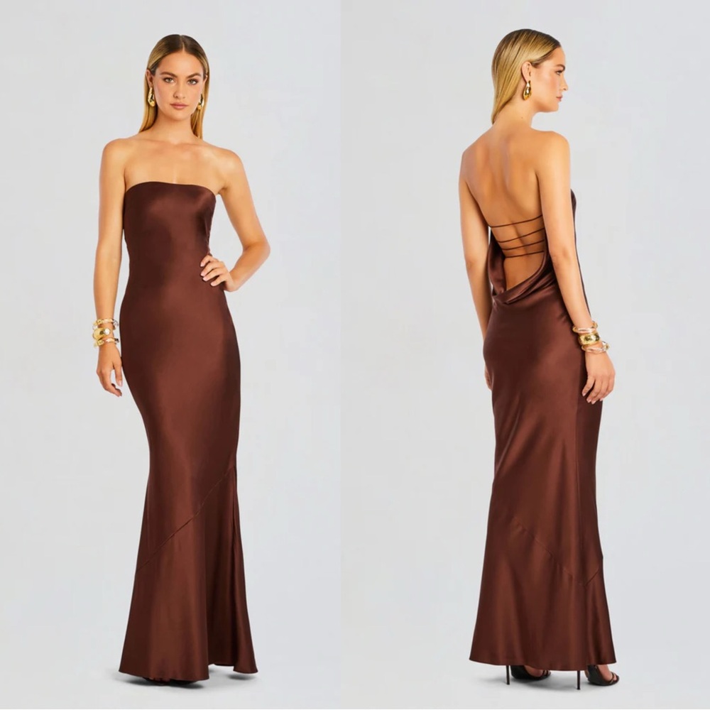 Retrofete Brown Strapless Satin Maxi Dress NWT